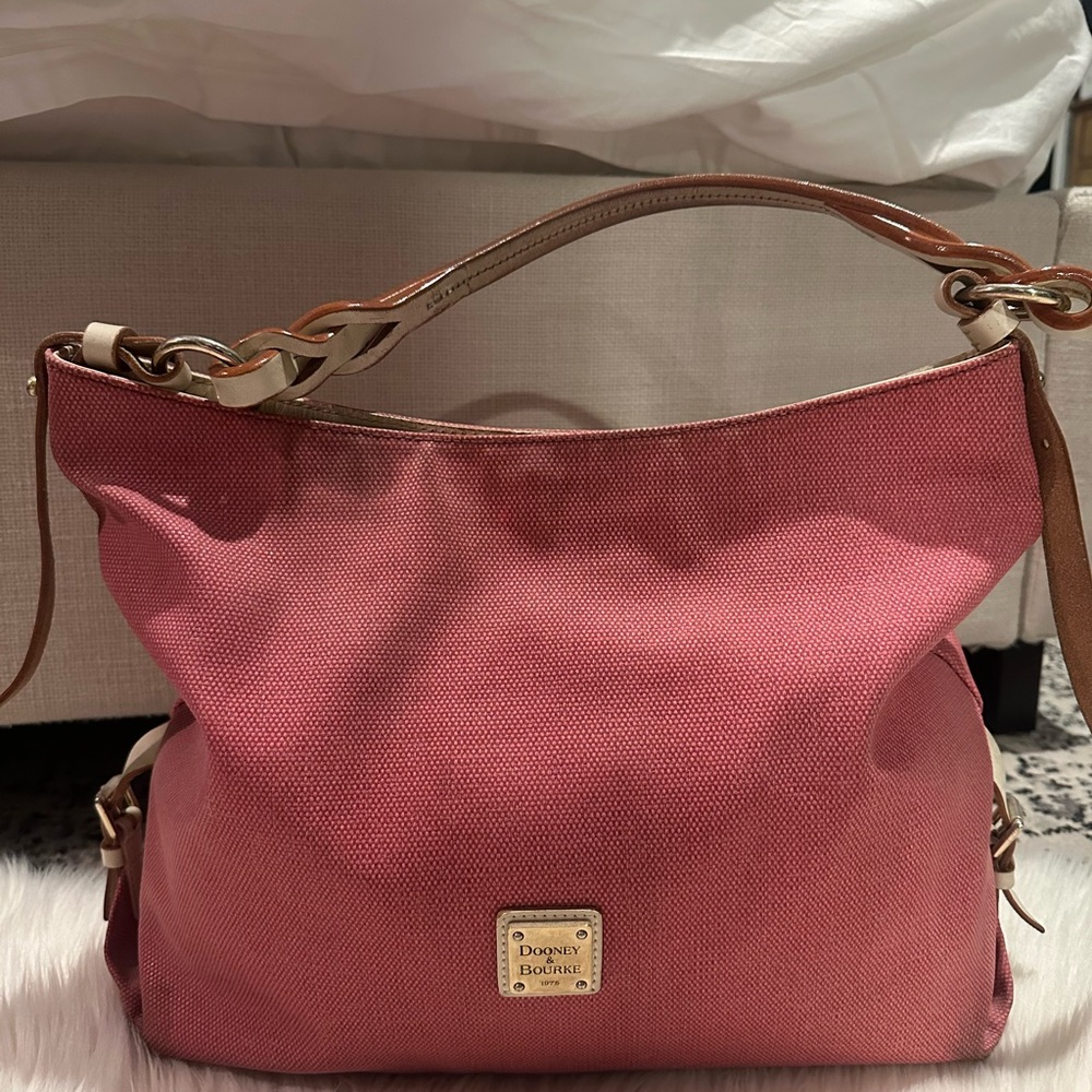 Dooney & Bourke Pink and Tan Shoulder Bag with Gold Accents